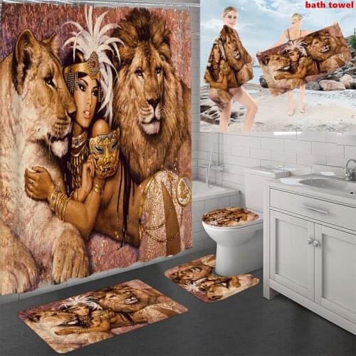 5PCS/Set Shower Curtain with Bath Towel Printed Bathroom Non-Slip Mat Rug Toilet Cover Soft Water Absorbing Beach Towel Blanket