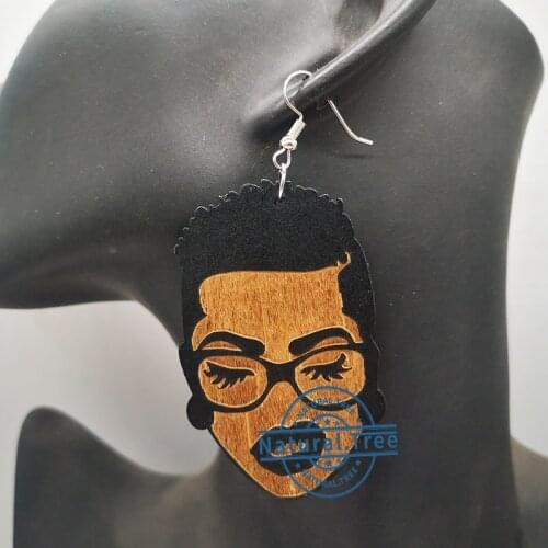 Free Shipping! Round Wooden Black Girl Earrings