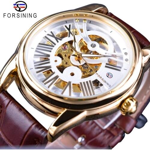 Forsining Official Exclusive Sale Brown Leather Roman Number Retro Luxury Design Men Watch Top Brand Automatic Wristwatch Clock