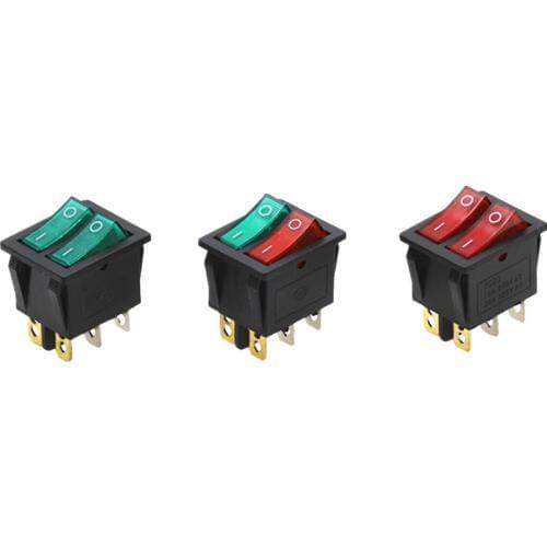 Double Rocker Switch 6 Pin On-Off With Green Red Light 20A 125VAC