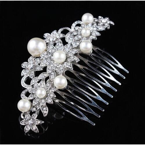SLBRIDAL Art Deco Alloy Clear Rhinestones Crystals Pearls Leaves Wedding Hair Comb Bridal Hair Accessories Hair Jewelry Women