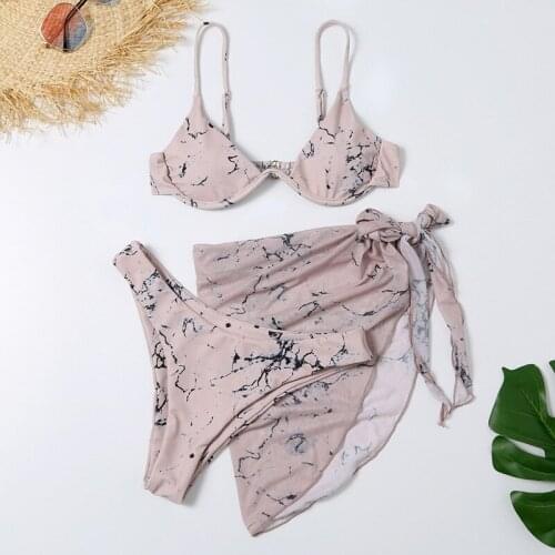 Print 3 Piece Bikini Set with Sarong Swimsuit Women Push Up Swimwear Beachwear Bathing Suit High Leg Thong Bikinis 2021 Mujer