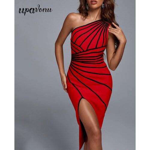 Free Shipping Sexy Slant Collar Dress 2021 Summer Women One Shoulder Sleeveless Bodycon Striped Split Midi Club Party Vestidos