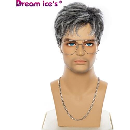 Natural Short Straight Wig for Men Natural Wave Grey Bob Hair Wigs With Bangs Soft Synthetic Mail Hair Daily Use For Old 2021