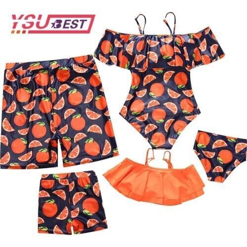 Family Look Bathing Suits Beachwear Women Girls Swimwear One Piece Swimwsuit Orange Men Swim Pants Children Kids Boys Matching
