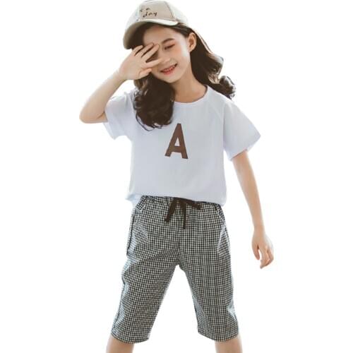 Girls Summer Clothes Letter Tshirt + Short Clothes For Girls Plaid Teenage Girls CLothes Set Casual Style Kids Tracksuit