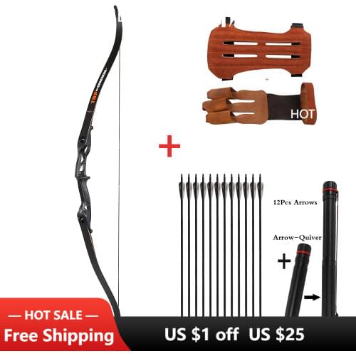 Archery 56" Takedown Hunting Recurve Bow Metal Riser Right Hand Black Longbow with carbon arrow and arrow quiver finger/armguard