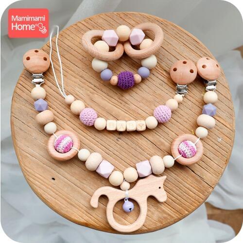 Mamihome 1set Wooden Teether Silicone Beads Baby Bell Cart Chain Crochet Beads Pacifier Clip Chain Pendant Rodent Soother Clasp