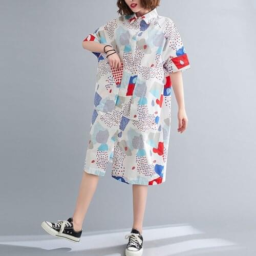Fashion Print Shirt Dresses Women Single Breasted Big Pocket Short Sleeve Mid Long Dress Female Plus Size Loose Summer Dress