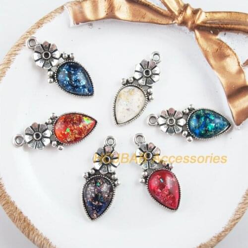 Fashion 6Pcs Tibetan Silver Tone Retro Flower Mixed Teardrop Resin Charms Pendants 13.5x29.5mm