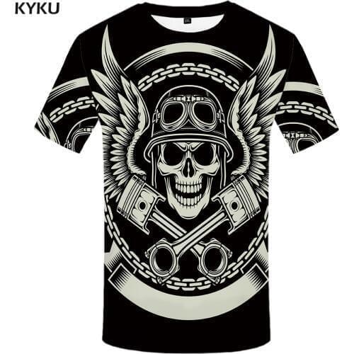 KYKU Skull T Shirt Men Black Military Tshirt Feather 3d Print T-shirt Punk Rock Clothes Anime Hip Hop Mens Clothing Casual Tops