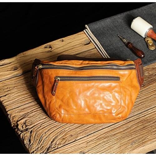 Original handmade first layer cowhide messenger bag fold soft soft leather zipper casual trend chest bag mens shoulder bag