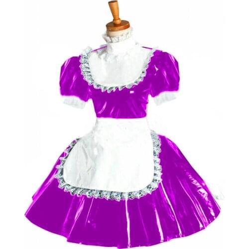 PVC Maid Dress A-Line Lolita Dress White Lace Trimming Maid Fancy Dress Costume Vinyl Slim Short Puff Sleeves vestidos Plus Size