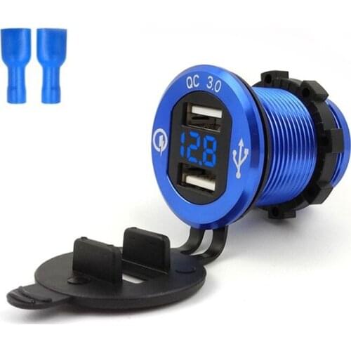 QC 3.0 Car Charger,Waterproof Aluminum Alloy Double USB Fast Charger Socket, with LED Digital Voltmeter,For Ships, Ships, Motorc
