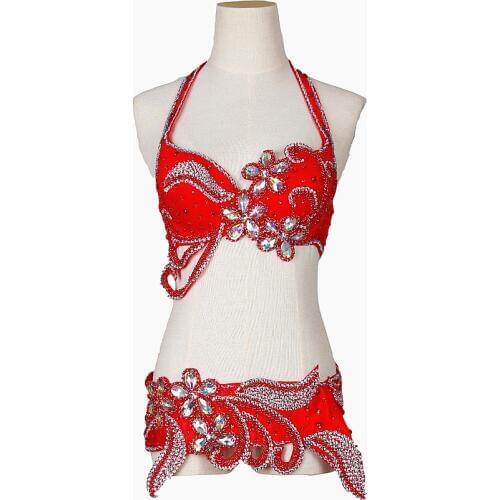 Stage Performance Belly Dance Clothes Egyptian Costumes Oriental Bellydance Rhinestone Bra and Belt 2pcs