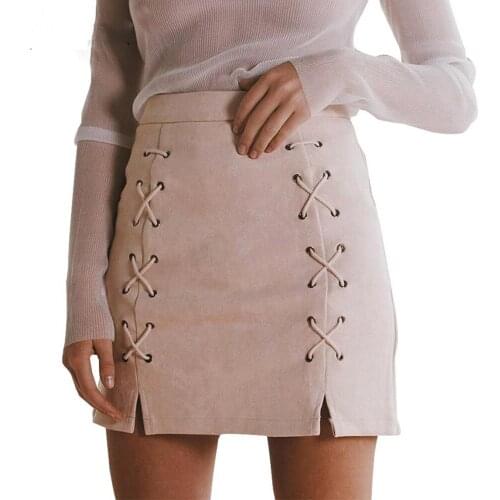 Sexy Lace Up Leather Suede Skirts Women Vintage Cross Zipper Split Mini Skirt Sexy High Waist Bodycon Short Pencil Skirt