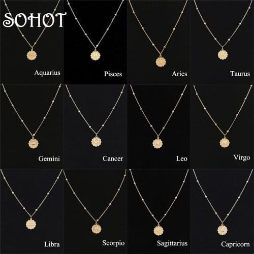 SOHOT New Luxury Brand Twelve Constellation Emboss Women Pendant Necklaces Charming Exquisited Round Bead Party Jewelry Bijoux