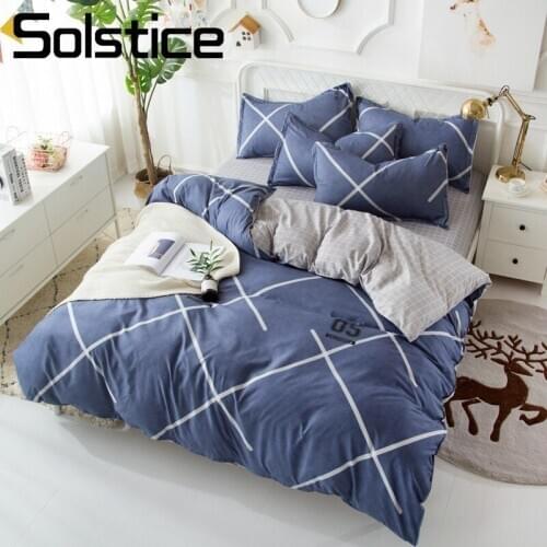 Solstice Home Textile Deep Blue Bedding Sets Plaid Duvet Cover Flat Sheets Pillowcase Kid Teen Boy Girl Linens King Queen Single
