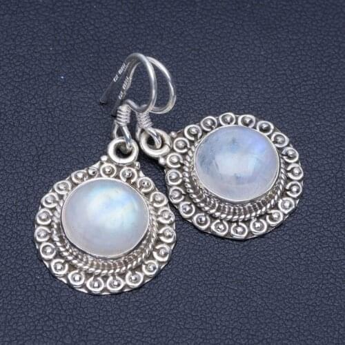 Natural Rainbow Moonstone Unique Punk Style 925 Sterling Silver Earrings 1 1/4" P1465