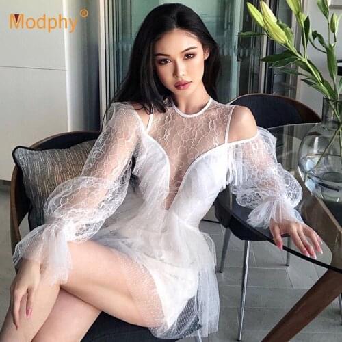 Evening Party Women White See Through Hollow Out Lace Bodycon Dress Sexy Flared Long Sleeve Ruffled Mini Dresses Female Summer