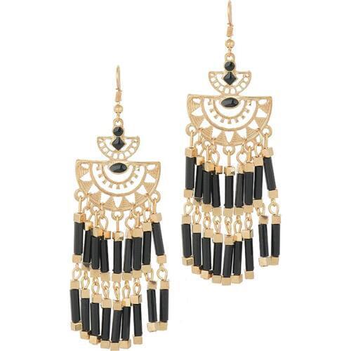 Wild&Free Bohemia Gold Black Tassel Earrings For Women Fashion Jewelry Semicircle Hollow Flower Pendant Dnagle Earrings Party