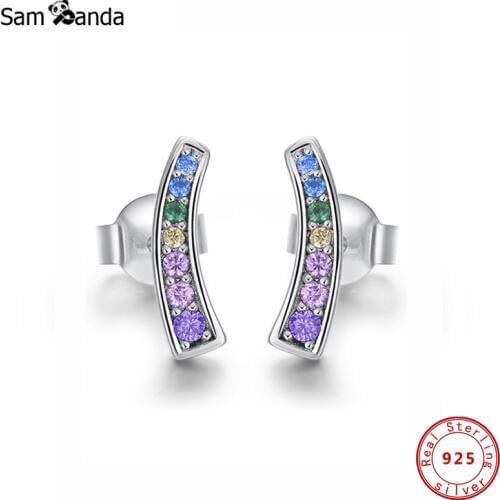 New Original 100% 925 Sterling Silver Stud Earrings Multi-Color Arches Earring Rainbow CZ Earings For Women Wedding Jewelry