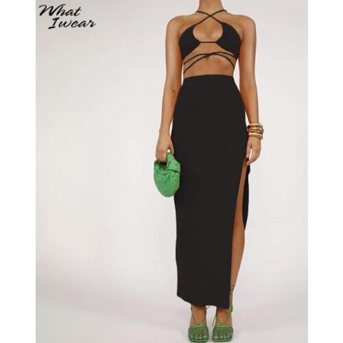 Whatiwear Y2K Bandage Trend Women Two Piece Set Sexy Halter Tank Tops+Side Slit Maxi Skirt Matching Suit Street Vacation Outfit