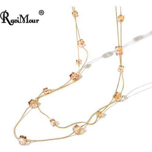 RAVIMOUR Crystal Long Necklace for Women Fashion Gold Color Chain Multilayer Maxi Necklaces & Pendants Chokers Jewelry 2017