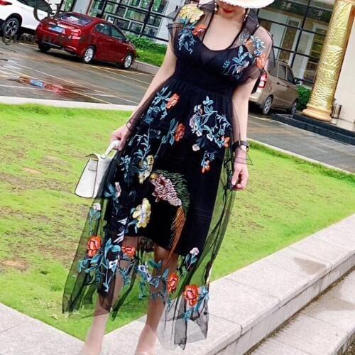 Qian Han Zi 2020 summer designer fashion long dress Womens Sleeveless Sexy V-neck Mesh High Quality Embroidered Maxi Dress
