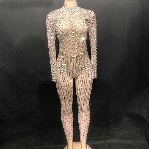 Women Sexy Stage Bling Dj Jumpsuit Net Yarn Full Of Sparkling Crystals Pearls Bodysuit Nightclub Party Dancer Singer Stage Wear