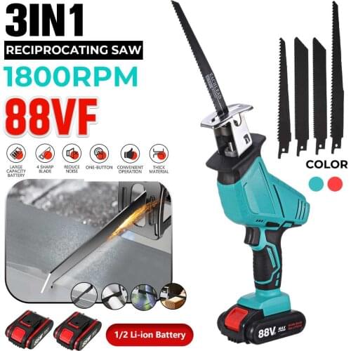 88V Rechargeable Cordless Reciprocating Saw 4 Blades Metal Cutting Woodworking Tool Kit Electric Saw with 1/2 Li-ion Battery