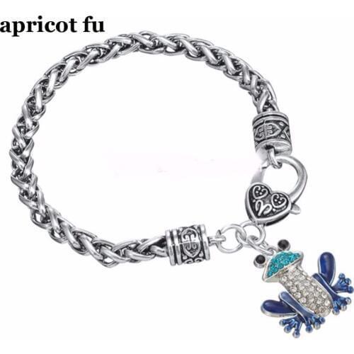 Antique Silver Blue Enamel Crystal Frog Charm Clasp Claw Charm Bracelets