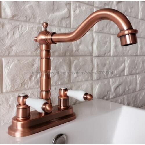 Antique Red Copper Double Handle Bathroom Faucet Basin Sink Tap Hot and Cold Water Mixer Tap Deck Mounted Bathroom Faucet Nrg043