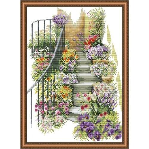 Flowers staircase landscape painting pattern printed on fabric DMC 14CT11CT DMS cross stitch needlework home decoration painting
