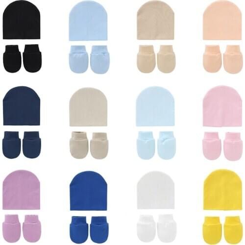Baby Infants Anti Scratching Knitted Cotton Gloves+Hat Set Newborn Face Protection Scratch Mittens Warm Cap Kit
