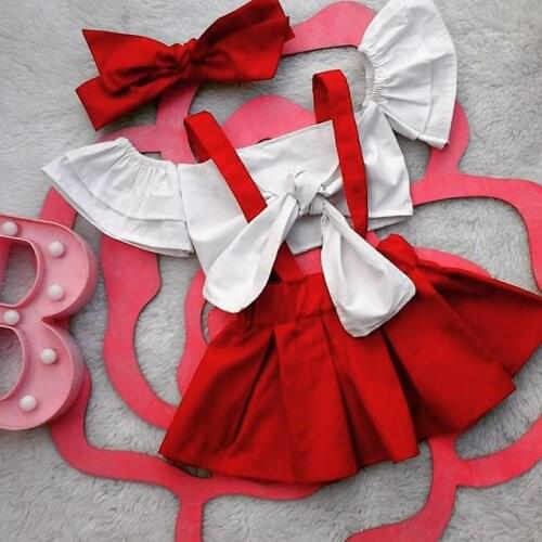 FOCUSNORM Xmas Baby Girls Princess Clothes Sets 3pcs Bowknot Off Shoulder T Shirts Tops Bib Skirts Headband