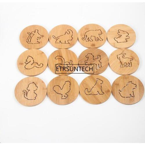 Chinese Zodiac Animal Cup Mat Natural Bamboo Round Hollow Out Coaster Coffee Tea Cup Pads Drinking Mats
