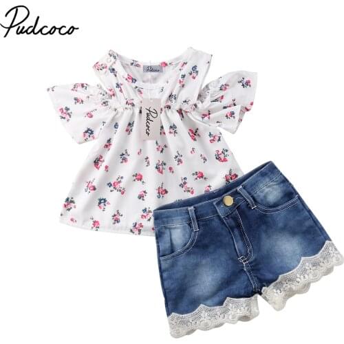 Baby Girls Summer Clothing set Off Shoulder Tops Floral T-shirts Denim Pants Outfits for Newborn Infant Children Clothes Kid