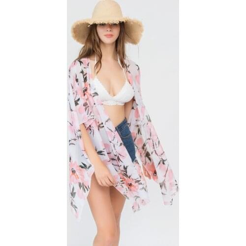 Summer sunscreen kimono cardigan chiffon lemon color floral pattern bikini blouse sunscreen shawl sunscreen towel