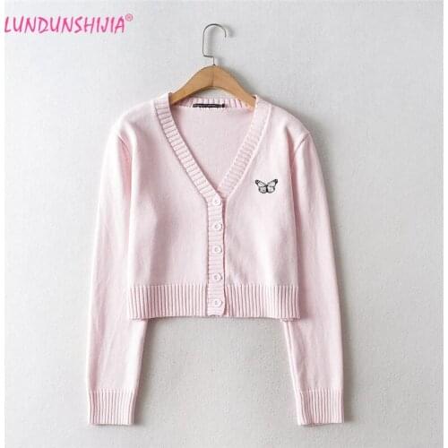 LUNDUNSHIJIA Women Fashion Butterfly Embroidery V-neck Long-Sleeve Cardigans Single Breasted Elastic Knitted Sweater Crop Tops