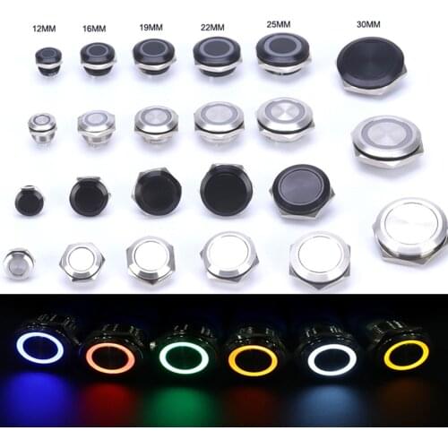 12/16/19MM Metal Black Momentary Light LED 5V 12V 24V 220V Flat Head Short Mini Push Button Switch