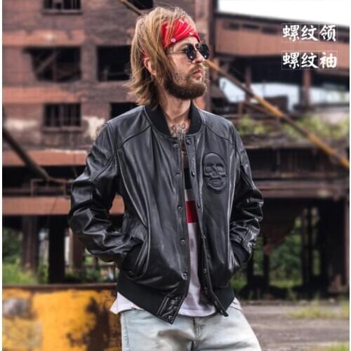 Genuine Sheepskin Mens Black Slim fit Biker Motorcycle Skull Bomber Leather Jacket S-4XL
