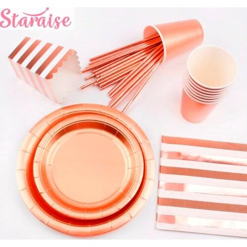 Staraise Rose Gold Party Cup Plate Disposable Tableware Sets Champagne Party Tableware For Wedding Decor Birthday Party Supplies