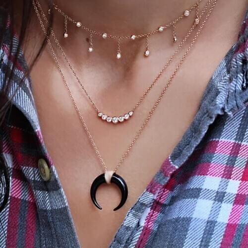 New 2020 Boho Vintage Gold Necklaces For Women Black Moon Horn Crystal Pendant Necklace Multilayer Female Jewelry Wedding Gift