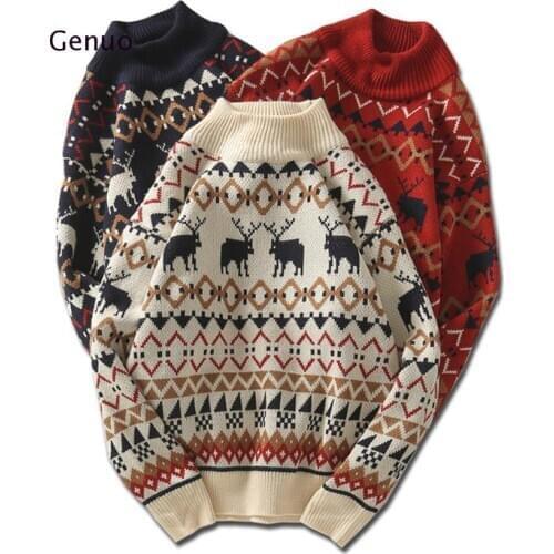 Christmas Printed Deer Sweater Fashion Men Sweater Knitwear Unisex Streetwear Jersey Pull Homme Half Turtleneck Vintage Sweater