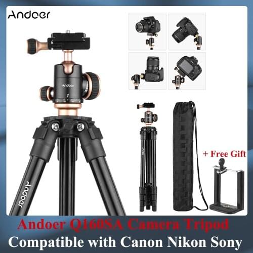Andoer Q160SA Camera Tripod w/ Panoramic Ballhead Bubble Level Adjustable Height Portable Travel Tripod for DSLR Digital Cameras