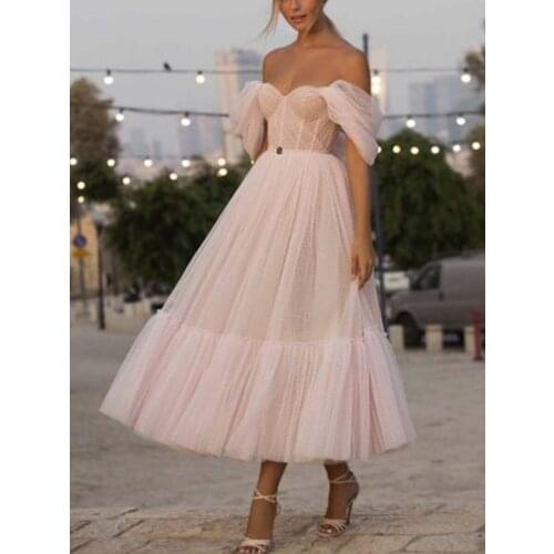 Spring Summer Sexy Slash-Neck Strawberry Pink Mesh Lace Pleated Sweet Girly Style Cute A-Line High Waist Long Dress Wedding Gown