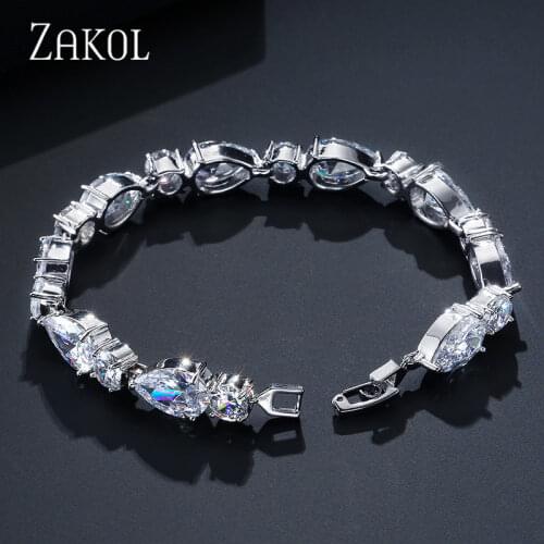 ZAKOL Trendy Water Drop Shape AAA+ Cubic Zircon White Color Charm Bracelets Bangles For Women Wedding Jewelry FSBP109