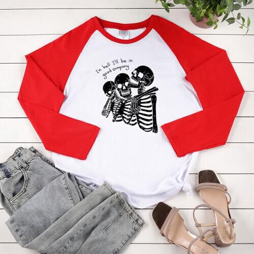 In Hell I'll Be In Good Company Print Long Sleeve T-shirts Women Autumn Winter Graphic Tees Gothic Two-tone Stiching Ladies Tops