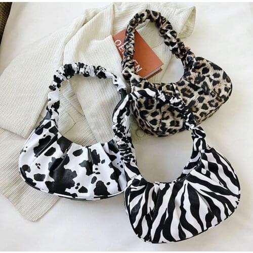 Fashion Animal Pattern Bag Women New PU Leather Printing Pleated Shoulder Underarm Bags Casual Ladies Small Hasp Hobos Handbags